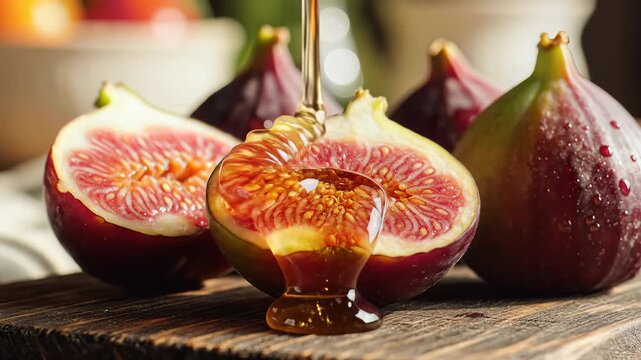 Fresh ripe figs halved with syrup drizzled on top delicious fruit detail