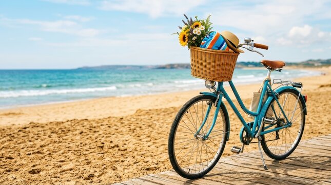 Blue Bicycle With Basket On Sandy Beach Boardwalk.