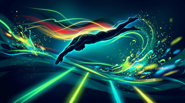 Silhouette of swimmer diving into glowing water with colorful light trails and sparkling particles in dynamic underwater scene