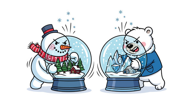 Cute snowman and polar bear characters holding snow globes with winter landscapes vector illustration