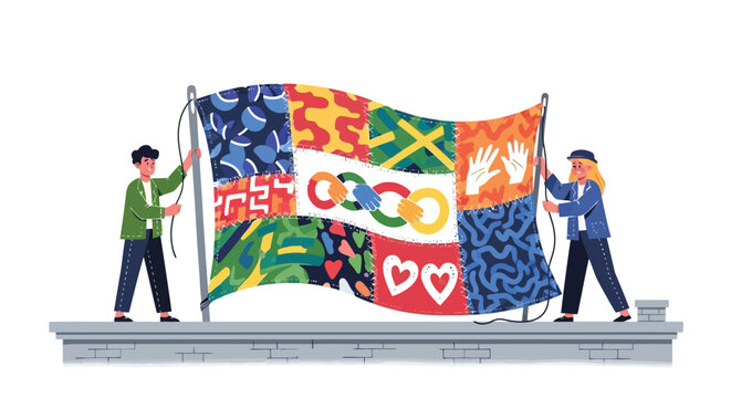 Man and woman holding up a colorful patchwork quilt made of community and diversity symbols