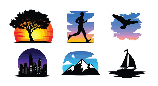 Illustrations of nature activities and travel tree runner bird city mountain and sailboat silhouettes