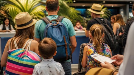 Fototapeta premium Family Travelers Queuing at a Resort or Airport Checkin Counter Amidst Lush Greenery