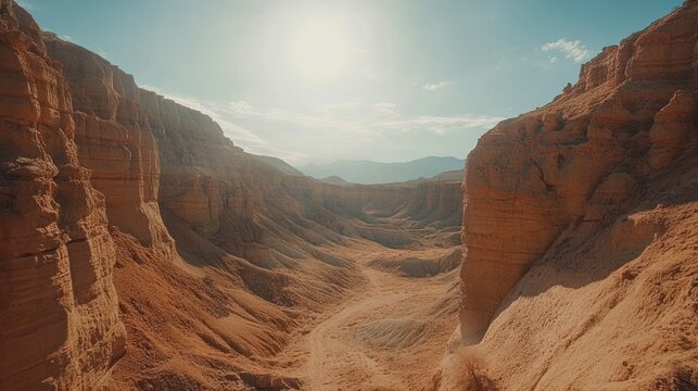 Dusty path leading through a narrow red rock canyon under a hazy bright sky.