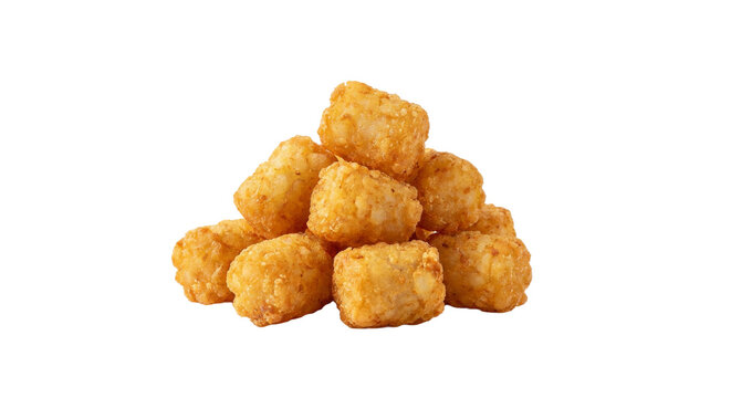 Crispy golden potato tots piled high on a clean white background