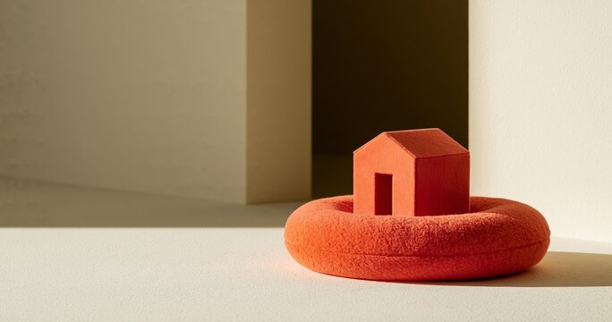 Small red house on orange cushion