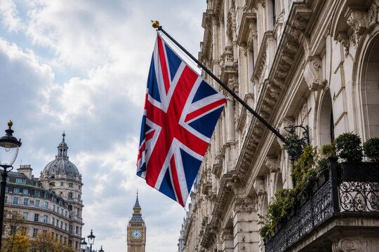 United Kingdom National Flag Displayed on Elegant Heritage Building in Central London