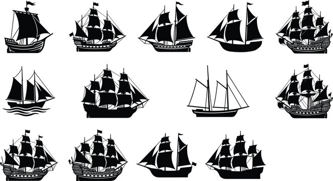 Collection of vintage sailing ship silhouettes and old pirate galleon icons isolated on white background for nautical design