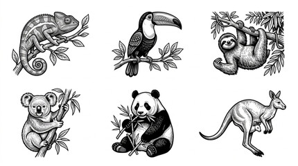 Fototapeta premium Collection of six different animal illustrations in vintage style.