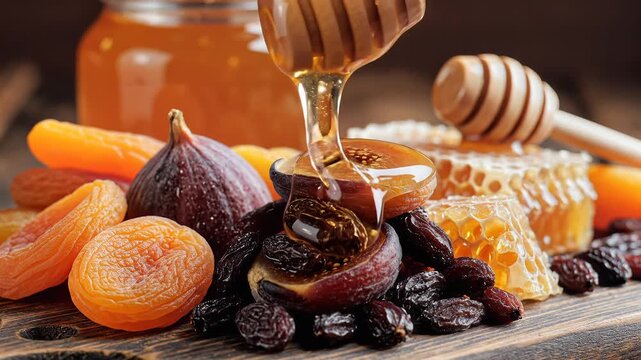 Natural sweetener pouring over dried fruit and honeycomb
