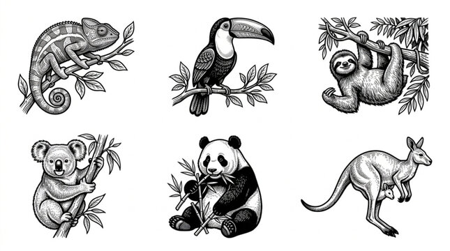 Collection of six different animal illustrations in vintage style.