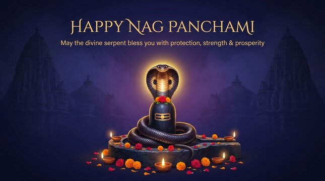 Happy Nag Panchami Festival Poster Design, Hindu Snake Worship Celebration, Lord Shiva Nag Devta Theme Background, Sanatan Dharma Spiritual Banner, Indian Cultural Event, Festive Floral Decoration