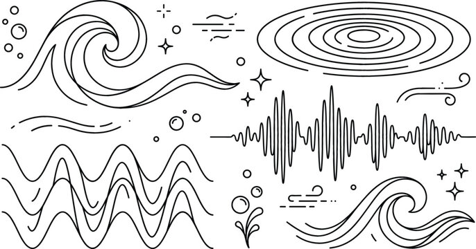 Wave line art icon set featuring ocean curls sound frequency concentric ripples audio waveforms wind and splash elements