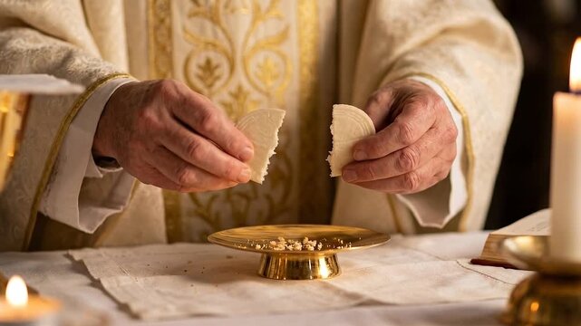 Priest hands breaking the communion bread close up