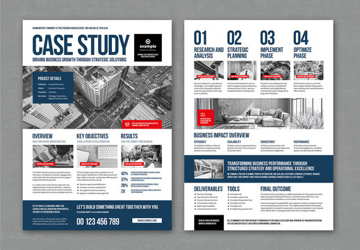 Case Study Design Template White with Dark Blue and Red Elements