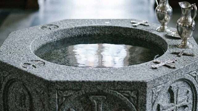 Holy water rippling in a stone baptismal font