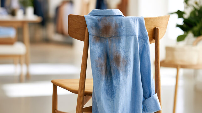 Light blue shirt with dark sweat patch on wooden chair in soft morning light, minimalist interior with copy space