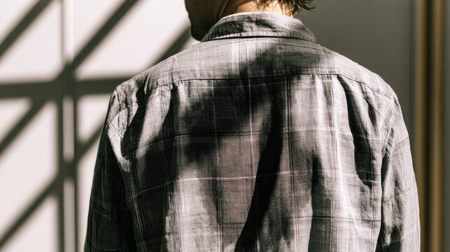 Grey linen shirt back view with sweat patch and geometric shadow