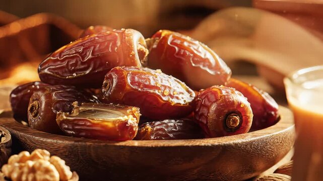 Rich brown sweet dates and nuts in rustic bowl natural light healthy snack ingredients