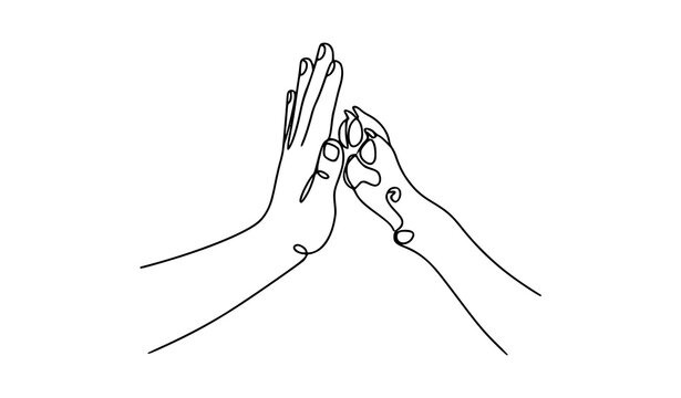 Minimalist continuous line art of man hand and dog paw high five gesture vector illustration of pet and owner friendship isolated on white background