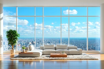 Fototapeta premium Modern living room with panoramic city view and large windows.