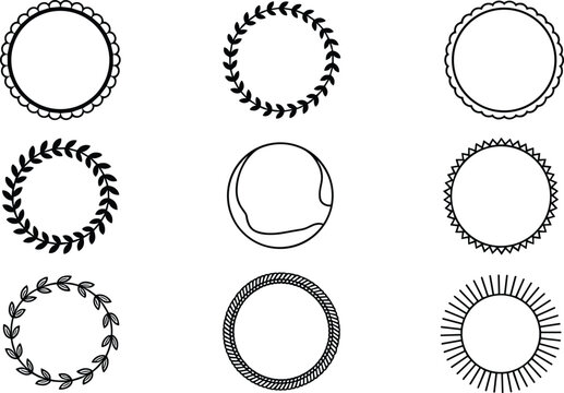 Round circular frame vector set with laurel wreath wavy lines borders and geometric sunburst stamp design