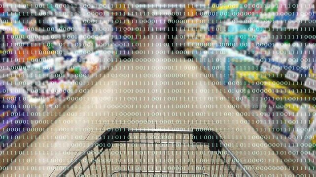 slow motion card in a blurred retail market with binary code overlay animation, concept for online shopping, e-commerce, surveillance and tokenization