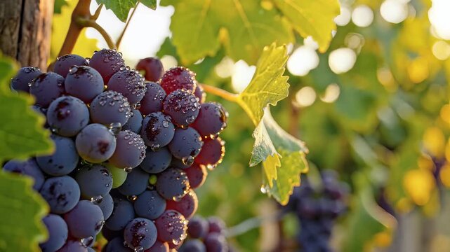 Ripe grape cluster growing on vine with sunlight and dew drops