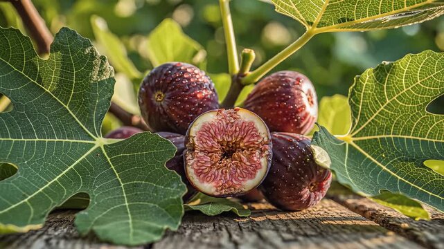 Ripe purple fruit clusters on branch with green leaves and wooden surface