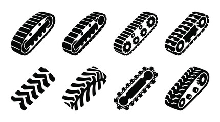 Industrial tank tracks and continuous crawler treads set, heavy machinery excavator belt icons, 8 black isometric vector elements for construction equipment © NoobCreaTion