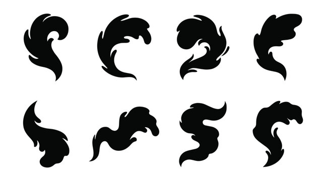 Vintage black smoke silhouettes set, 8 decorative steam and fire vector elements, hand drawn ink splash and cloud shapes for graphic design