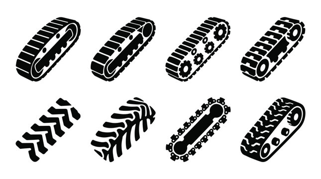 Industrial tank tracks and continuous crawler treads set, heavy machinery excavator belt icons, 8 black isometric vector elements for construction equipment