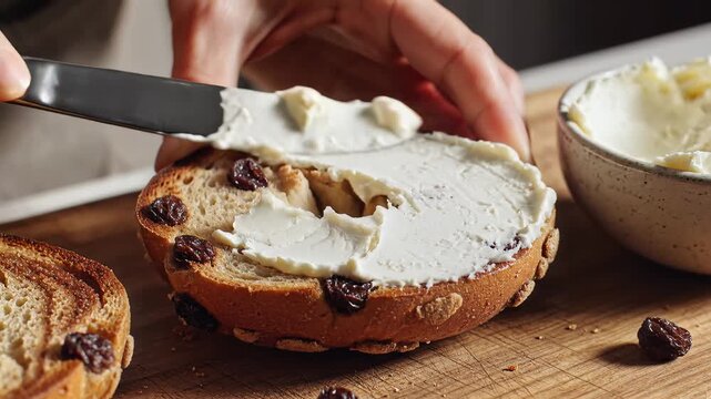 Spreading creamy topping onto a sliced bread pastry with fruit inclusions close up indoor lighting