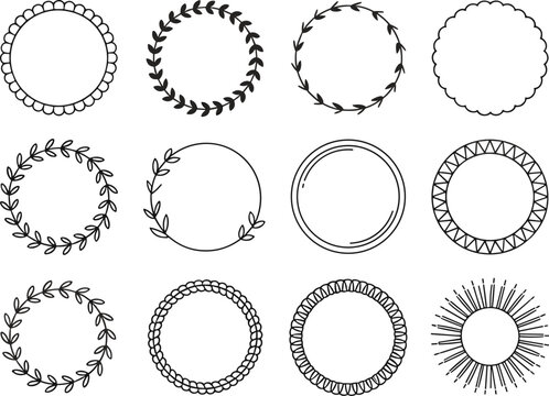 Round circular frame vector set with laurel wreath wavy lines borders and geometric sunburst stamp design