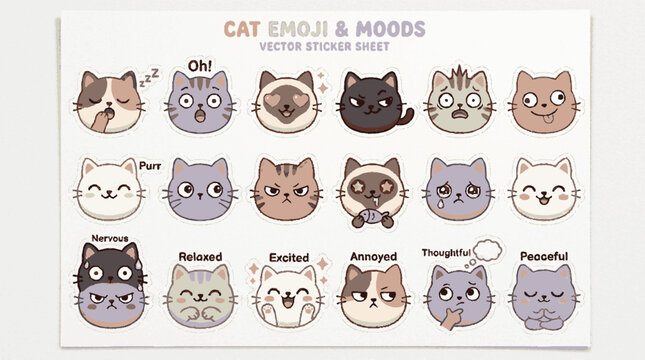 Cute cat emoji sticker sheet with various expressions