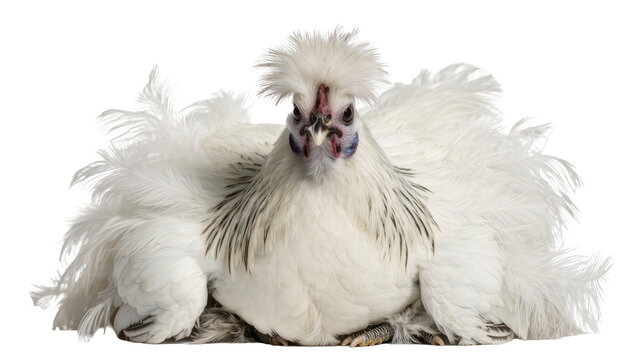 Fluffy white Silkie chicken with crested head and blue earlobes