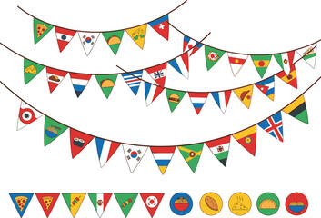 Obraz premium Colorful bunting flags with food and country flags on white background