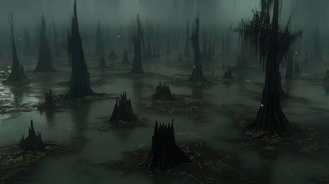 Eerie Swamp Landscape with Jagged Trees and Fog.