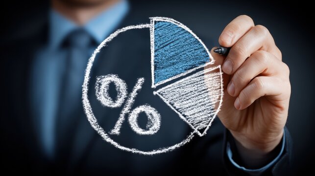 business man drawing 75 - 25 percent pie chart.