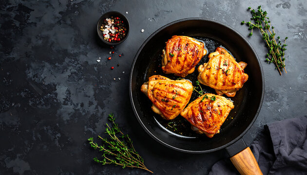Glazed chicken thighs in cast iron skillet with fresh herbs and spices on dark stone