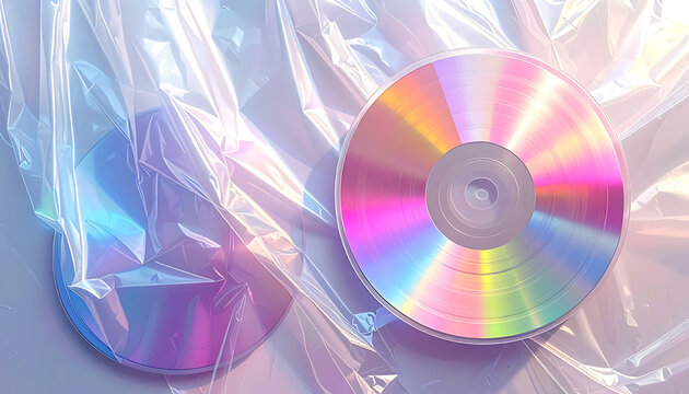 iridescent holographic cd disc on crinkled metallic foil background, futuristic y2k nostalgia, vibrant rainbow light reflection, digital media texture
