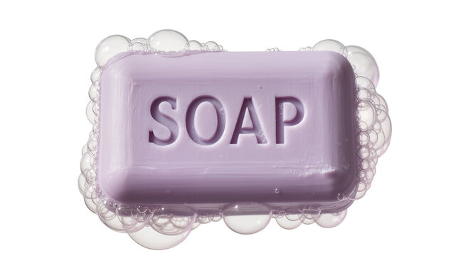 Purple bar of soap with the word SOAP embossed and surrounded by bubbles