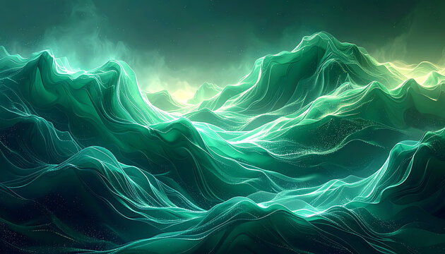 glowing emerald green ocean waves with sparkling light particles and nebula atmosphere