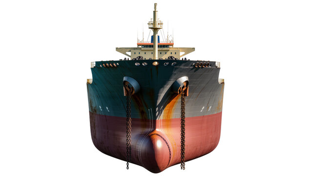 Cargo ship bow with anchor chains and red hull