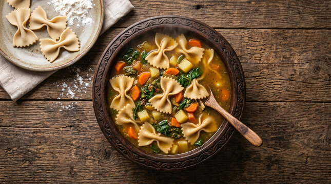 Ladakhi chhutagi bow‑tie pasta soup with vegetables and greens in wooden bowl, rich broth, steam, overhead shot &ndash; traditional Himalayan comfort food