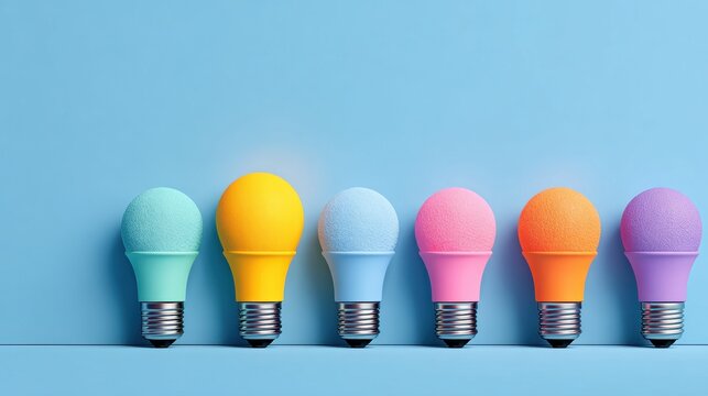 Colorful light bulb being different and standing out from the rest. Stand out and think differently concept. Creative and unique thinking, idea symbol.
