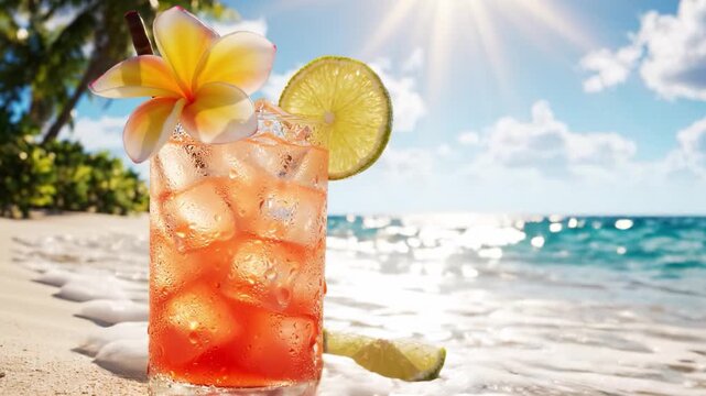 Refreshing Tropical Cocktail with Ice and Garnish, Set Against a Beautiful Beach Landscape Featuring Clear Skies and Gentle Waves in the Background