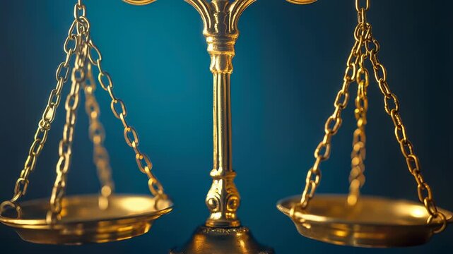 A close-up photograph showcasing a justice scale, rendered in gold, set against a blue backdrop. The image highlights the symbol's representation of law and impartial decision-making.