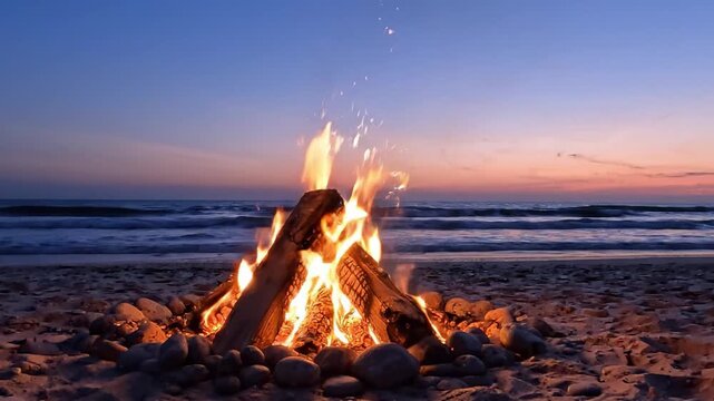 A Tranquil Evening by the Shore: Captivating Flames Dance Among Rocks as Waves Gently Lap at the Beach During a Stunning Sunset
