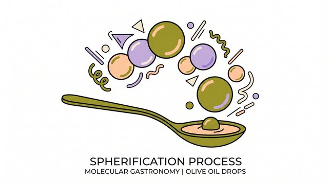 Spherification Process, molecular gastronomy illustration; olive oil drops, a culinary technique for food science and gourmet cooking